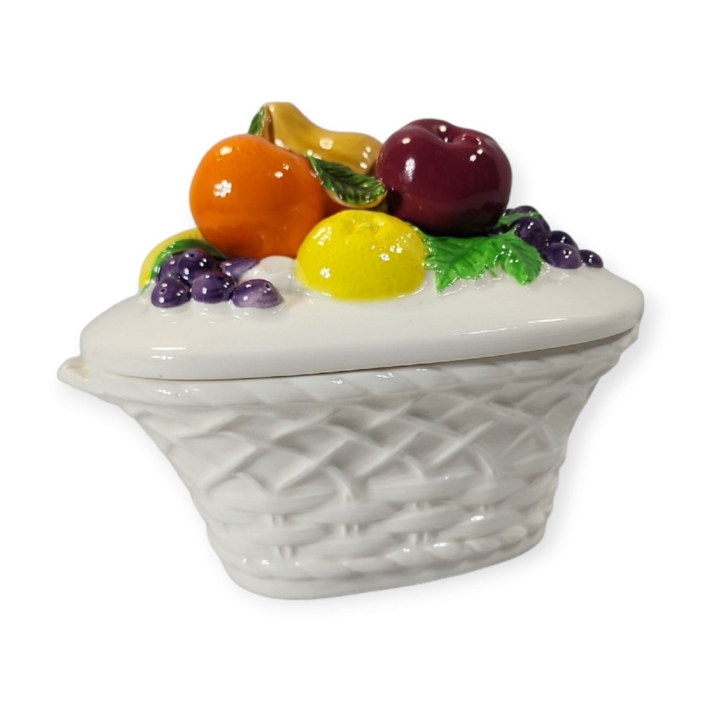 Vintage Raised Fruits Lidded Ceramic White Basket‎ Bowl Dish Made in Japan